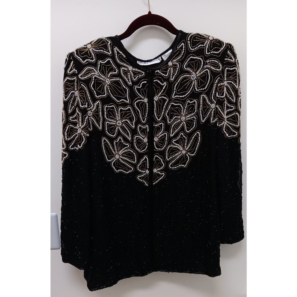 Vtg Night Vogue Cardigan Womens Size L Beaded Formal Jacket 100% Silk